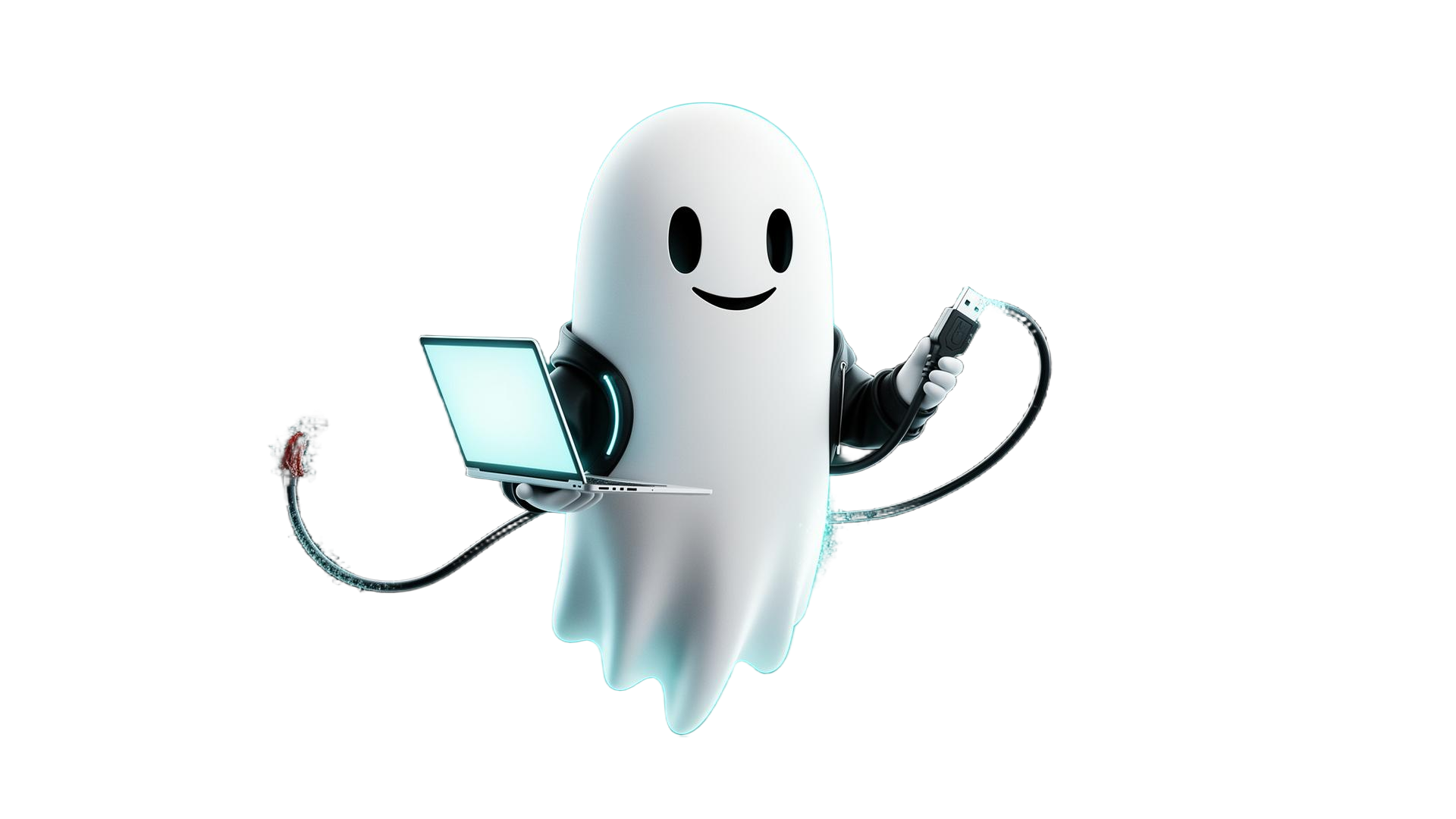 Ghost, a white digital guardian, carrying a laptop and unplugging from the cloud